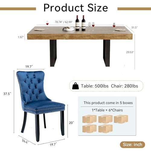 Image of Brown Dining Room Table Set for 6, 7-Piece 63 inch-78.74 inch Extendable Dining Table Set with 6 Upholstered Chairs, Rectangle Wooden Expanding Kitchen Table and Blue Chairs Set