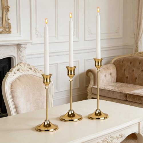 9 Stück Kerzenständer Set, Messing Gold Kerzenständer aus Metall für Spitzkerzen; Vintage Kerzenhalter, Hohe & Kurze Candle Holders für Hochzeiten, Partys, Abendessen (Messing Gold)