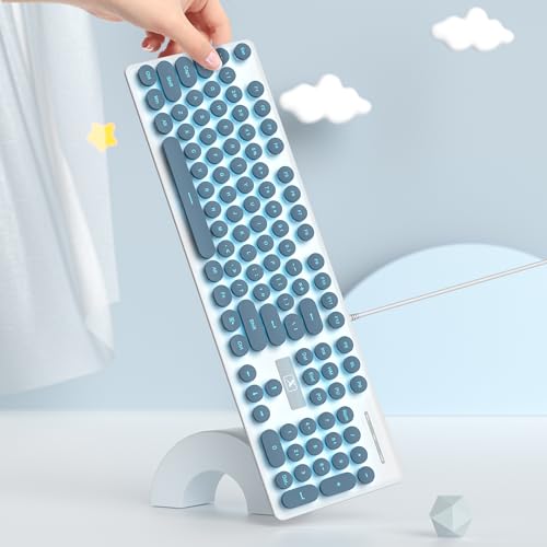 Vumilstek Wired Retro Typewriter Keyboard, Quiet Computer Keyboard Light up with Full Size 104 Round Keys Blue LED Backlit Slim Silent for Windows PC Laptop(Blue) by Vumilstek - Used condition - Image 6