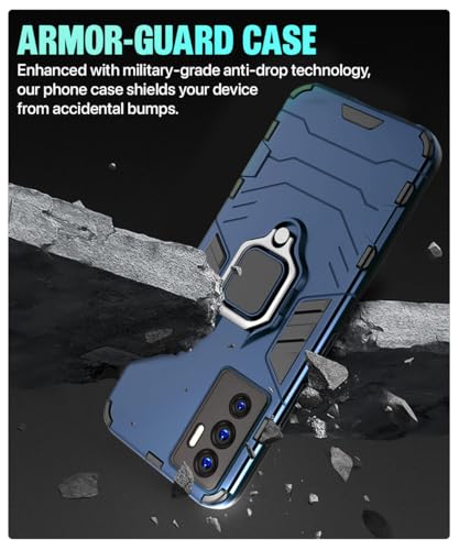 Image of WOW IMAGINE Shock Proof Back Case Mobile Cover for Vivo V23E 5G | for Vivo Y75 4G (Tough Armor | Hybrid PC + TPU | Full Protection with Ring Holder & in-Built Kickstand | Blue)