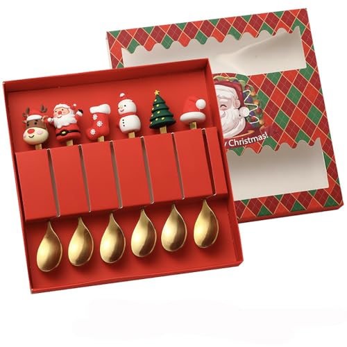 Christmas-Themed Coffee Spoon Set | 6-Piece Durable Stainless Steel Spoons Christmas Tree Santa Claus Adorable Christmas Tree and Santa Design | Perfect for Coffee, Tea, and Hot Chocolate
