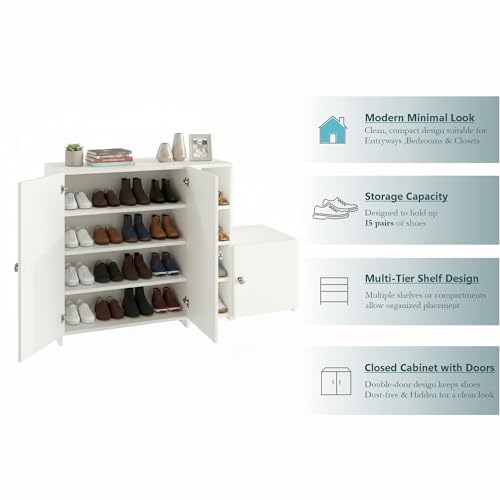Image of FURNEASER Fusia Modern Shoe Rack Cabinet | Engineered Wood Shoe Storage with Doors & Shelves | Elegant Footwear Organizer for Entryway & Home (White)