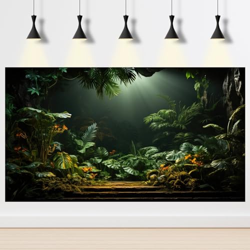 Image of Rainforest Aquarium Background Tropical Palm Leaves Fish Tank Background Jungle Style Floral Pattern Landscape Reptile Tank Backgrouds Foggy Misty Green Leaves Reptile Enclosure Backgrounds 36x24in