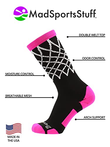 Madsportsstuff Crew Length Elite Basketball Socks With Net (Black/Neon Pink, Small) #TOP3