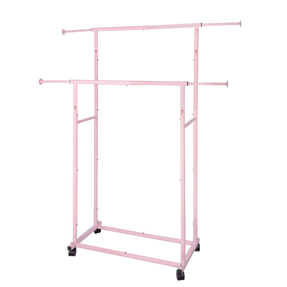Fishat Simple Standard Double Rod Clothing Metal Garment Rack for Hanging Clothes, Rolling Clothes Organizer on Lockable Wheels (Pink)