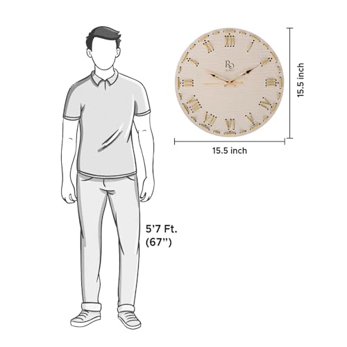 Image of Wooden Round Shape Roman Dial Wall Clock with Golden Hand & Golden Zari Rope Detailing | Silent Quartz Movement Anti Reflection Analog Vintage Clock for Home and Office (Ivory, 15.5 Inch)