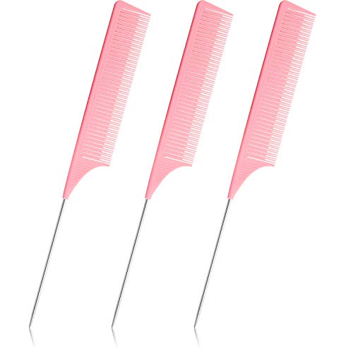 3 Pieces Rat Tail Comb with Stainless Steel Pintail, Hair Styling Comb Anti-static Hairdressing Comb Teasing Parting Comb for Women and Men (Pink)