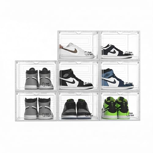 Image of House of Quirk Organizer, Storage Boxes With Magnetic Door, Large Clear Stackable Plastic Containers for Shoes (8Box, White)