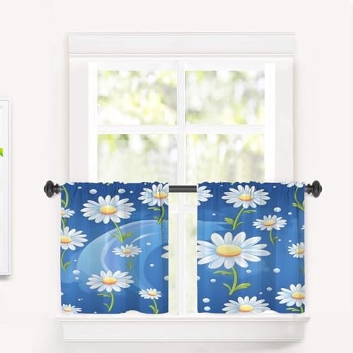 BaoNews Daisies Waves Dots Blackout Tier Curtains, A Pattern of Daisies and Waves Half Window Drapes for Kitchen with Rod Pocket,Room Darkening 2 Pack 26X24 Inches