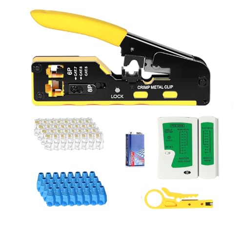 Image of COMTECH Cat7 Passthrough Crimping tool Kit RJ45 All in One Crimper 50pc Cat6 Connectors & 50pc Boots set for Cat5 Cat6 Cat7 Includes Ethernet Network Cable Tester with wire Stripper cutter