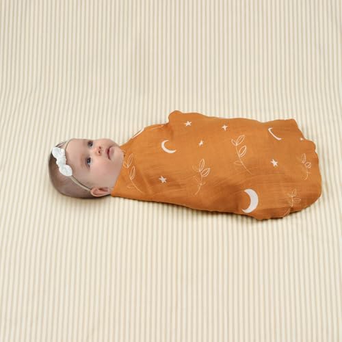 Image of Muslin Swaddle Blankets Neutral, Baby Swaddling Wrap Nursery Blanket Unisex, Soft 70% Viscose from Bamboo and 30% Cotton, Large 47 x 47 inches, Labrador &Orange Boho Moon Swaddle Blanket
