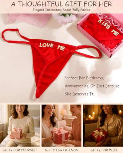 Image of Sexy Underwear for Women, 2 Pack Thong Panties - Lace & Silk G-String Sexy Underwear with Fun Lettering, Adjustable Gifts Set