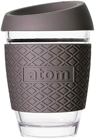 atom products - Reusable Coffee Cup/Travel Mug with lid – Thickened Sleeve & Borosilicate Glass (Grey)