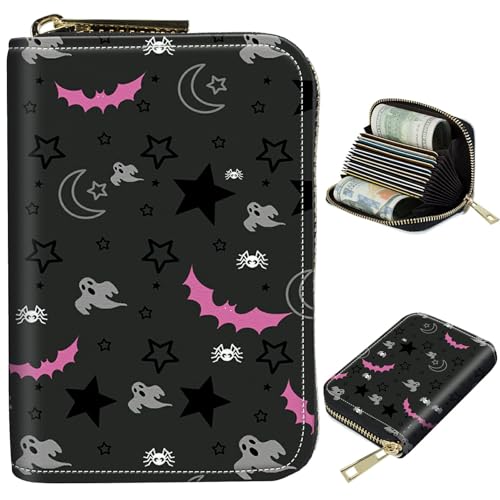 Image of Cute Credit Card Holder with Zipper, Gothic Skull Moon Stars Bat RFID-Blocking Card Case Small Wallet for Women Men, Multi-slot Card Organizer Case Travel Accordion Wallet