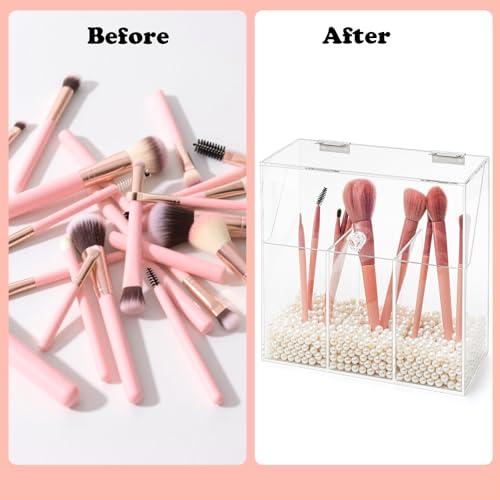 Okllen Soporte para brochas de maquillaje con tapa a prueba de polvo, perlas blancas, organizador de brochas de maquillaje acrílico transparente con 3 compartimentos, caja de almacenamiento grande - imagen 7