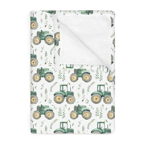 Watercolor Green Tractors Baby Blankets for Boy Girl Farm Tractors Boho Leaves Soft Flannel Nursery Bed Blankets for Infant Toddler Crib Stroller...