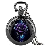 YIHAOYH Vintage Pocket Watch for Women Men Graphic Design Quartz Pocket Watches with Chain Pendant Christmas Birthday Gift with Box (Purple Rose)