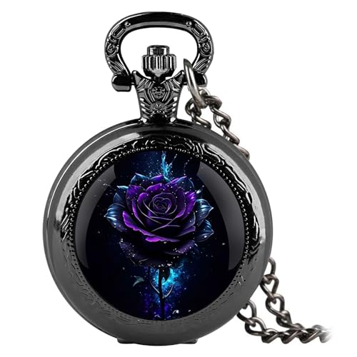 YIHAOYH Vintage Pocket Watch for Women Men Graphic Design Quartz Pocket Watches with Chain Pendant Christmas Birthday Gift with Box (Purple Rose)