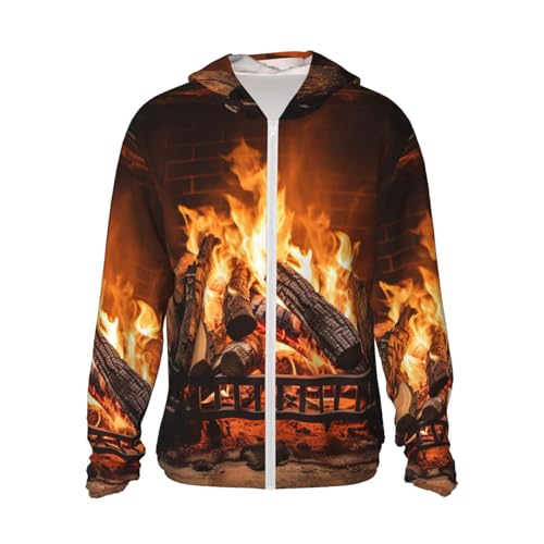 UPF 50+ Sun Protection Hoodie Long Sleeve Burning Firewood Large Fireplace Sun Shirt Rash Guard Fishing Shirts for Men