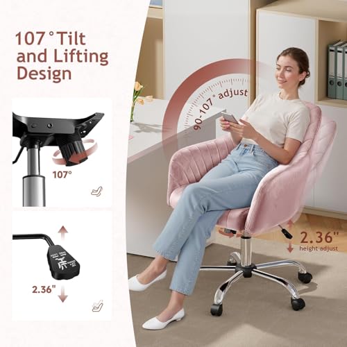 Image of AZAKEE Velvet Office Chair with Wheels & Armrests - Mid-Back Swivel Desk Chair for Home Office, Study, Bedroom & Vanity - Adjustable Height, Comfortable & Stylish (Pink)