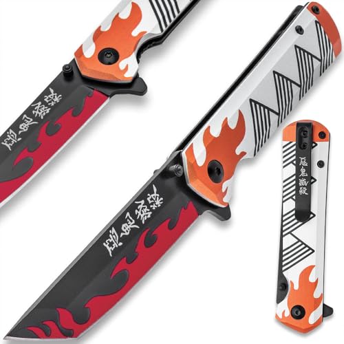 Demon Slayer Pocket Knife | 3 1/4” 3Cr13 Stainless Steel Reverse Tanto Blade | Assisted Opening Liner-Lock | 3D-Printed Aluminum Handle Scales | Black Pocket Clip with Kanji | 4 1/2” Overall Length