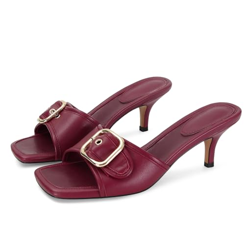 Image of Dsevht Black Kitten Heel Sandals Stiletto Low Heels Slip On Slides Mule Sandal Square Open Toe Dress Shoes for Women