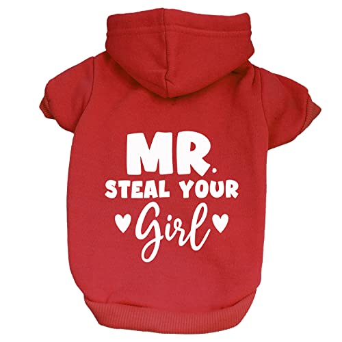 Mr. Steal Your Girl Valentine's Day Pullover Fleece Lined Dog Hoodie with Leash Hole (Red Hooded Sweatshirt)