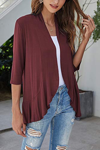 Image of Bluetime Women Casual Lightweight Open Front Cardigans Soft Draped Ruffles 3 /4 Sleeve Cardigan (S-3XL)