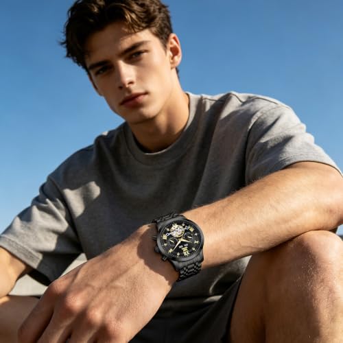 Image of OPK Mens Automatic Watch Multifunction Skeleton Mechanical Wrist Watch with Green Dial Stainless Steel Bracelet Waterproof Luxury Dress Watch for Men