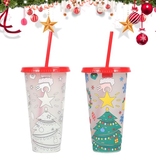 MOPQMKT Tazas de plástico decoloradas con tapa de pajita reutilizables botella de bebida fría de batido taza de plástico duro Copa de viaje de fiesta bebida fría para niños y adultos 710 mL