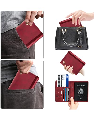 Image of WALNEW Passport Holder for Travel, RFID Passport Cover Wallet for Women Men, PU Leather Passport Book Card Holder Case with Pen (Elastic Band Closure, C-Red)