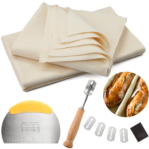 Bäckerleinen Leinentuch Brot Backen 2 Stk 75X45cm Natur Bäckerleinen Teige Teigtuch mit Teigkarte Bäckermesser Gärfolie für Brotbackzubehör...