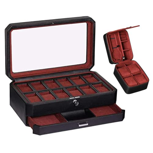 Gift Set 12 Slot Leather Watch Box With Valet Drawer & Matching 5 Watch Travel Case - Luxury Watch Case Display Organizer, Locking Mens Jewelry Watches Holder, Men's Storage Boxes Glass Top Black/Red #TOP17