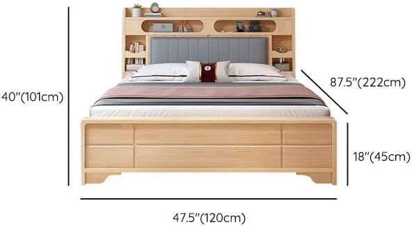 CraftThink Modern Pine Wood Bed Frame Bookcase Standard Bed in Natural, Single Bed for Bedroom Boys Girls- Size: Twin XL, Wood/Upholstered Headboard, Bookcase (Without Pull-Out Storage)