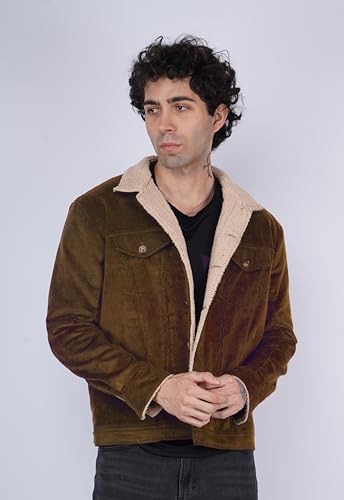 Image of Men's Sherpa Lined Corduroy Jacket | Warm Winter Jacket with Fur Collar & Cuffs | Soft Fleece Lining, Multiple Pockets - Brown, Olive Green, Chocolate Brown