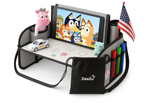 Kids Travel Tray - Activity Tray for Toddlers & Big Kids, Compact for Car and Airplane, Car Seat Lap Desk: Table Tray for Roadtrip w/Dry Erasable Table, Cup Holder, Children Traveling Bag & Storage