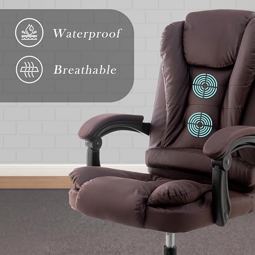 Image of Italia Premium Leatherette Office Chair for Work | Boss Chair, Ergonomic Executive, Luxurious Cushioned Arms & Seat, 2 Point Back Massager, Heavy Duty Metal Base (Brown)
