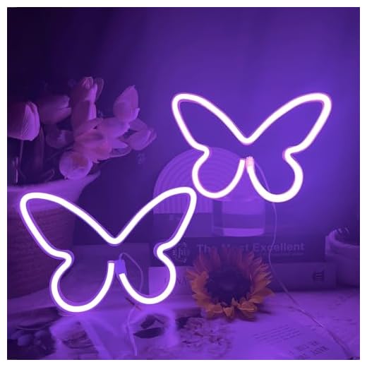 2 peças de letreiros de néon borboleta roxa LED neon para quarto, USB/3AA alimentado por bateria neon sinal de parede para dia dos namorados, aniversário, festa de casamento, decoração de bar em casa