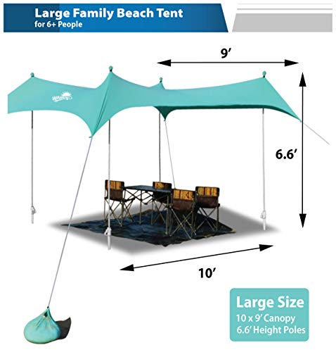 WINNINGO Premium Beach Sunshade, Large Sun Shade Canopy 10\' x 9\', Beach Tent with 4 Aluminum Poles, 4 Pole Anchors, Waterproof Carry Bag & Bonus Tarp Mat, UPF50 UV Protection (Turquoise) - Thumbnail 6