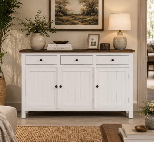 Image of Solid Wood Madrid Sideboard with 3 Drawers| Sideboard Cabinet (M) | Finish Premium Pearl White