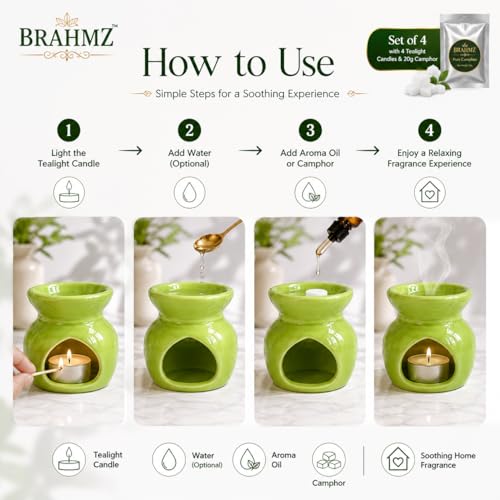 Image of BRAHMZ Ceramic Oil Burner Set of 4 with 4 Tea Light Candles and Rose Oil - Aroma Diffuser for Essential Oils, Aromatherapy, Home Fragrance, Meditation & Spa (Rose+Camphor)