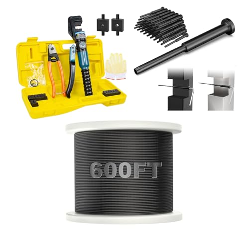BLIKA 600FT 1/8" Black Deck Railing Cable,40 Pack 4"x4" Black Invisible Cable Railing Kits and 10 Ton Hydraulic Crimping Tool Kit