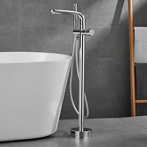Robinet de baignoire autoportant avec douchette à 360 ° avec bec pivotant à 360 ° - Robinet de bain à poignée unique - Gris chromé - Luxe moderne pour votre salle de bain