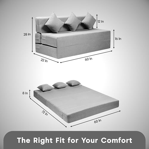 Image of Amazon Brand - Solimo 3 Seater 5 * 6 Jute Fabric Washable Cover Sofa Cum Bed with 3 Cushions 3 Seater Double Foam Fold Out Sofa Cum Bed (Finish Color - Light Grey Delivery Condition - Pre-Assembled)