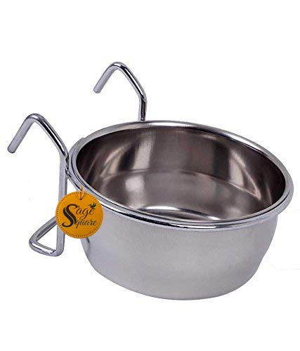 Image of Sage Square Rustproof Stainless Steel Cage Food, Seed, Water Feeder Cum Bowl with Holder clamp for Birds (225ml) (Set of 9)