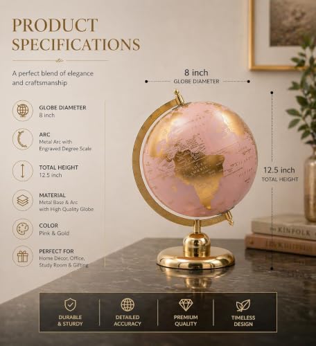 Image of 8 Inch Premium Pink & Gold World Globe with Metallic Base - Luxury Decorative Desk Globe for Home, Office & Study.