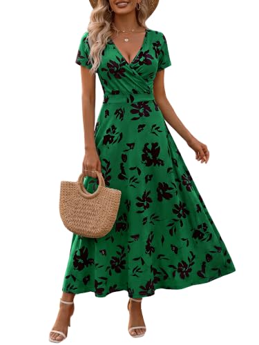 Image of HUHOT Women's Short Sleeve Wrap V Neck Dresses for Wedding Guest Summer Floral Maxi Sundresses with Pockets Boho Dress