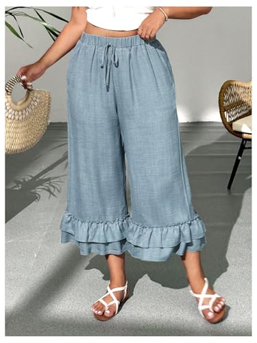 Verdusa Women's Plus Size Ruffle Wide Leg Capri Pants Casual Tiered Layered Capris with Pockets3