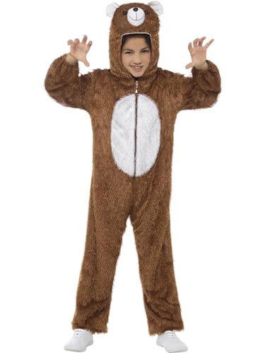Smiffys Children's Unisex All in One Bear Costume, Jumpsuit with Hood, Party Animals, Ages 7-9, Color: Brown and White, 30014