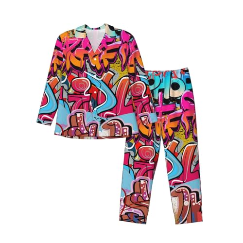 MENRIAOV Mens Graffiti Wall Urban Hip Hop Background Pajama Set Sleepwear Long Sleeve Button Shirt Pants